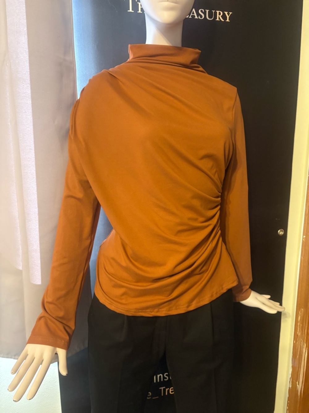 Women's Long-Sleeve Rust Asymmetric Drape Top
